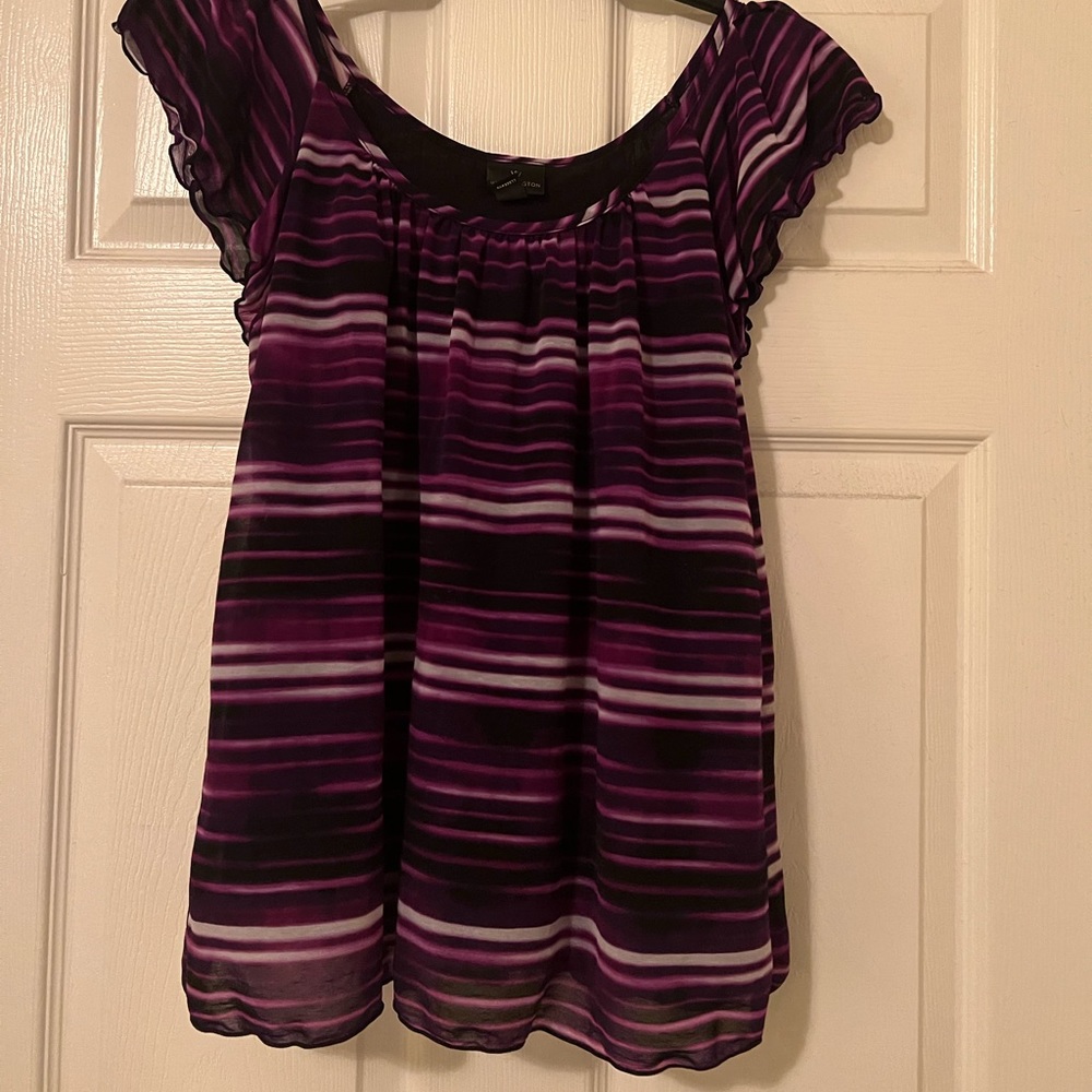 Purple, black, and white striped shirt